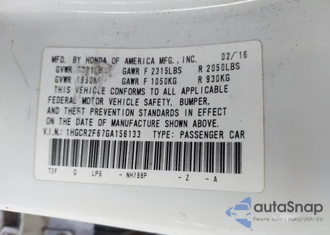 2016 Honda Accord Sport из США, поврежденный, VIN 1HGCR2F67GA156133